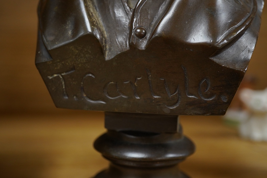 Two bronze busts of Oliver Cromwell, indistinctly signed and Thomas Carlyle, largest 26cm high